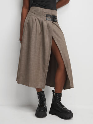 Women's Brown Pleated Check Midi Skirt With Double Buckle Detail