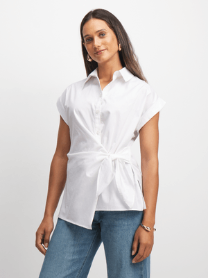 Women's White Poplin Front Tie Shirt