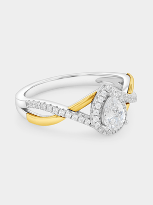 Yellow Gold & Sterling Silver Cubic Zirconia Pear Halo Ring