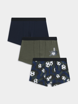 Boy's Navy & Green Soccer 3-Pack Trunks