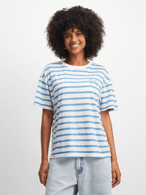 Women's Blue & White Striped Graphic Print T-Shirt