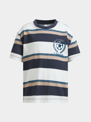 Older Boy's Navy & Natural Striped Graphic T-Shirt