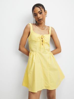 Women's Yellow Poplin Lace-Up Dress