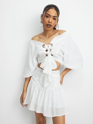 Women's White Co-Ord Mini Skirt With Ruffle Hem