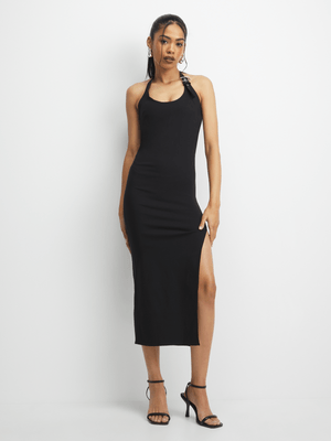 Women's Black Bengaline Halter Midaxi Dress