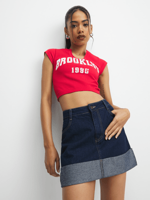 Women's Dark Wash Denim Turn Up Mini Skirt