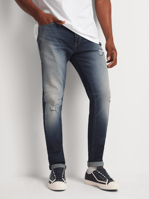 Union-DNM Skinny Rip and Blasted Blue Jean