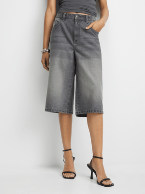 Women's Grey Wash Long Bermuda Denim Shorts