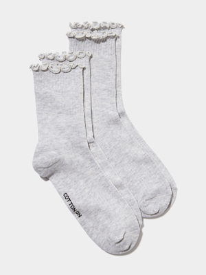 Women's Cotton On Grey The Perfect Pair Frill Rib Crew Socks