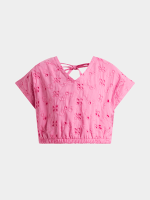 Jet Younger Girls Pink Anglaise Woven Top