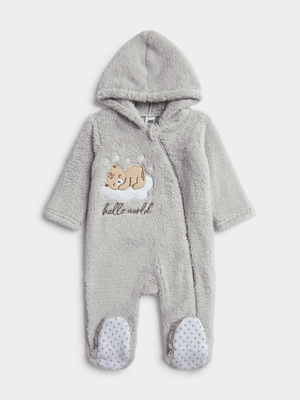 Jet Baby Grey Sleeping Bear Embroidered Fleece Sleepsuit