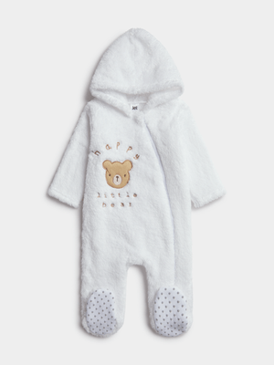 Jet Baby White Happy Bear Embroidered Fleece Sleepsuit