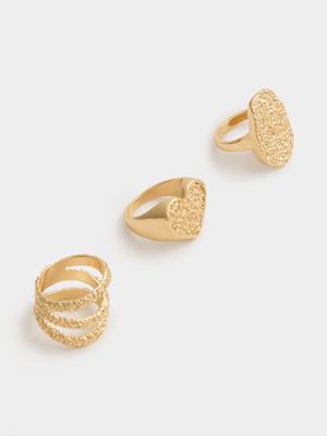 Women's Gold 3-Pack Textured Heart Rings