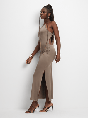 Women's Brown Strappy Asymetric Maxi Dress