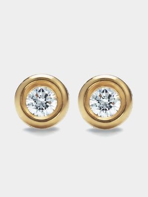 Yellow Gold,Cubic Zirconia Tube Edged Stud Earrings