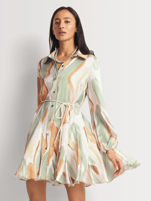 Satin Flared Hem Shirt Dress