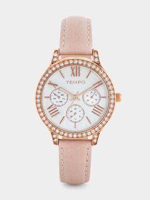 Tempo Rose Plated Mother Of Pearl Dial Pink Leather Watch