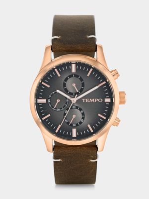 Tempo Rose Plated Black Dial Brown Leather Watch