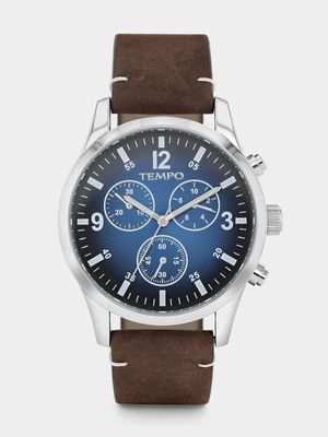 Tempo Silver Plated Navy Dial Brown Leather Watch