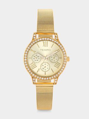 Tempo Gold Plated Champagne Dial Mesh Watch