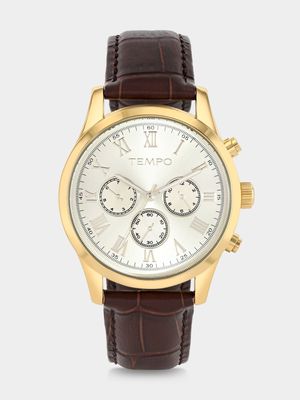 Tempo Gold Plated Champagne Dial Brown Leather Watch