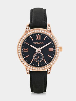 Tempo Rose Plated Black Dial Black Leather Watch