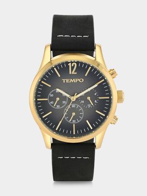 Tempo Gold Plated Black Dial Back Leather Watch