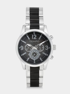 Tempo Silver & Black Plated Black Dial Bracelet Watch