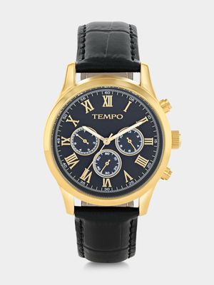 Tempo Gold Plated Black Dial Black Leather Watch