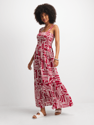 Women's Red Geo Smocked Maxi Dress