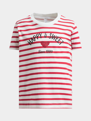 Younger Girl's Red & White Striped Graphic T-Shirt