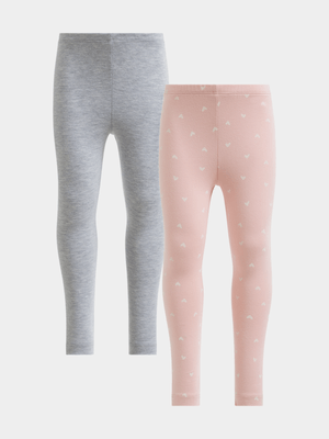 Younger Girl's Grey & Pink Heart 2-Pack Leggings