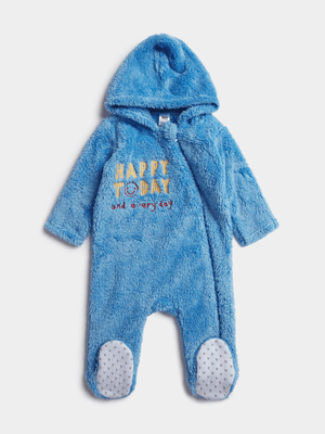 Jet Infant Boys Light Blue Happy Today Embroidered Fleece Sleepsuit