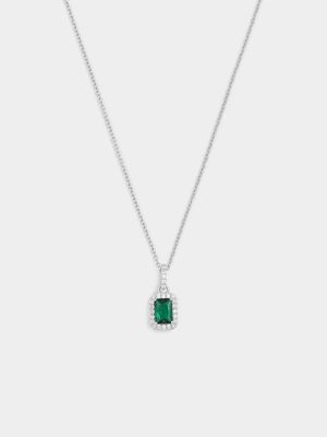 Sterling Silver Green Cubic Zirconia Rectangle Halo Pendant