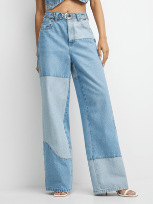 Women's Light Wash Denim Two-Tone Panel Wide Leg