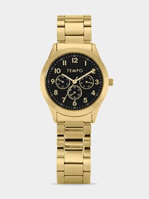 Tempo Gents Gold Toned Analogue Black Multi-Dial Look Watch