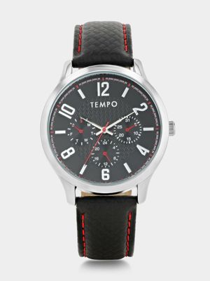 Tempo Silver Plated Black Dial Black Leather Watch