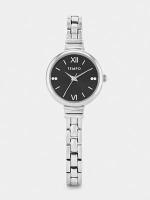 Tempo Silver Plated Black Dial Skinny Bracelet Watch