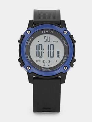 Tempo Men’s Black & Blue Round Digital Resin Watch