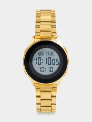 MX Gold Plated Round Black Digital Bracelet Watch