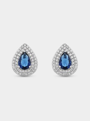 Sterling Silver Blue Cubic Zirconia Pear Double Halo Stud Earrings