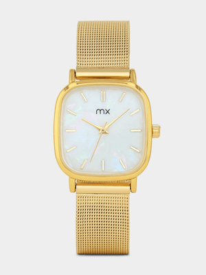 MX Gold Plated Cushion-Shaped Mother Of Pearl Dial Mesh Watch