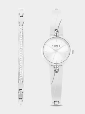 Tempo Ladies Silver Plated Bangle Watch & Bracelet Set