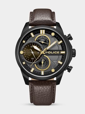 Police Reactor Gunmetal Plated Black Dial Brown Leather Watch