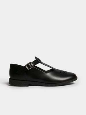 Jet Girls Black Leather T-Bar School Shoes