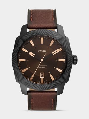 Fossil Men's Machine Black Plated Stainless Steel & Brown Leather Watch