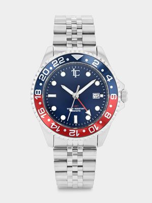 Legacy Neptune Navy & Red Plated Blue Dial Stainless Steel Bracelet Watch 45mm