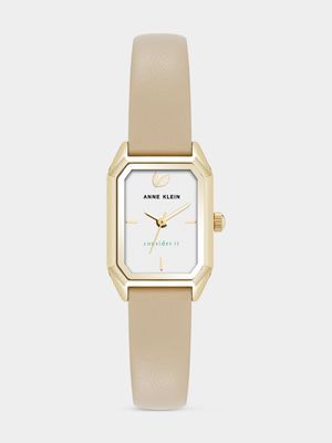 Anne Klein Rectangular Gold Plated Beige Leather Watch