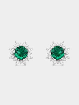 Sterling Silver Flower Emerald Noble Stud Earring.