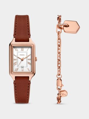 Fossil Raquel Rose Plated Brown Leather Watch & Bracelet Set